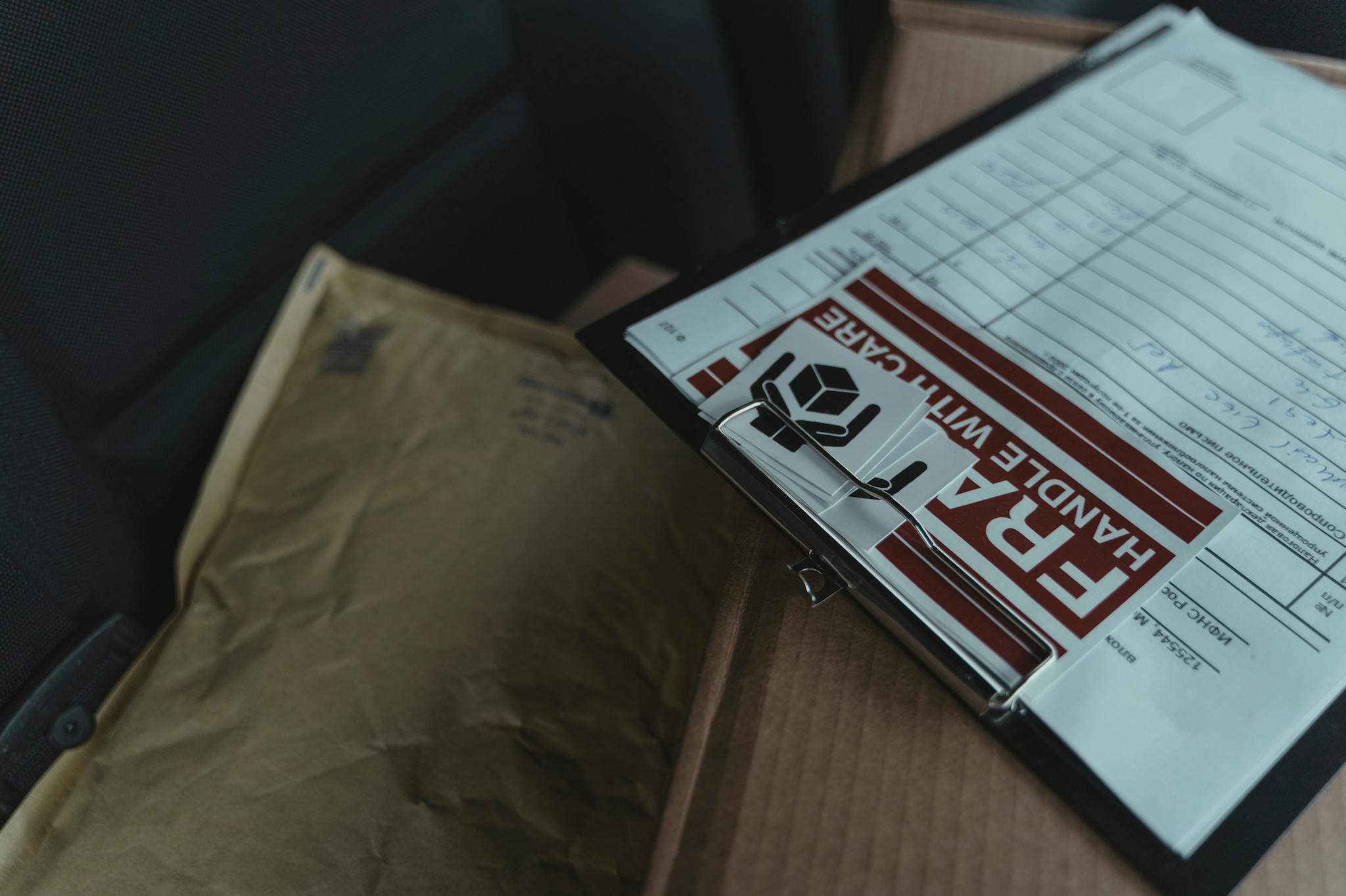 A detailed view of postal packages and delivery paperwork inside a van, emphasizing logistics.